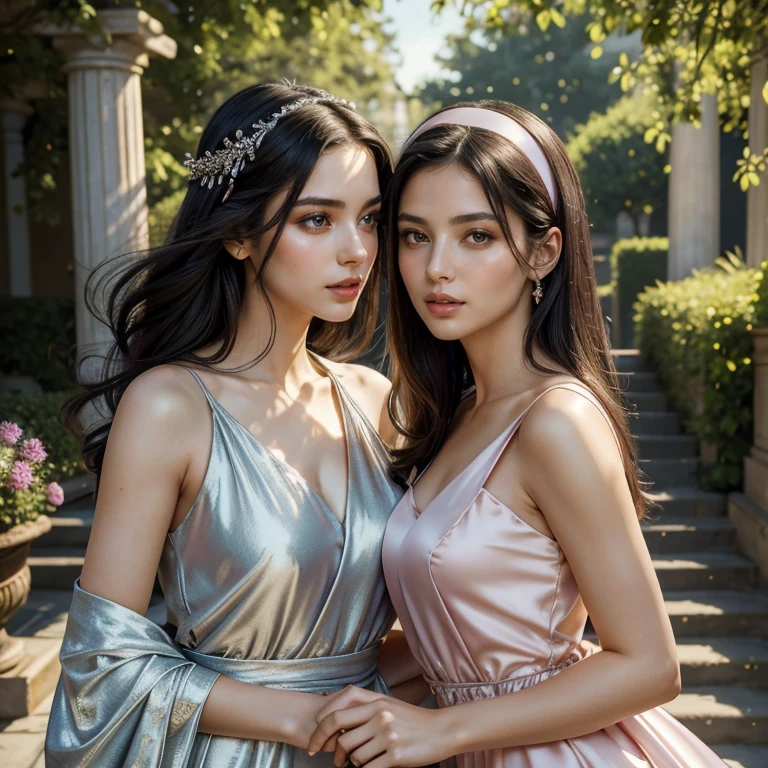 (masterpiece, best quality:1.5), highest quality, High resolution, super detailed, Realists, Full body photo of black haired woman, long open straight hair, detailed and beautiful eyes, beautiful detailed lips, very detailed eyes and face, longeyelashes, Woman in silver and pink evening dress made of shiny satin fabric, Beautiful and colorful makeup, elegant and noble々Pose, Satin headbands and jewelry, Gardens as background, soft daylight, bright colors, fine brushstrokes, Portrait style, Plain dress fabric, beautiful color palette, glowing skin, First-class rendering, that captures every detail, enchanting atmosphere, subtle shadows and lights, (perfect anatomy:1.2), (Two stunning women with their mouths open, Surprised look, Have a shepherd's staff in their hand.