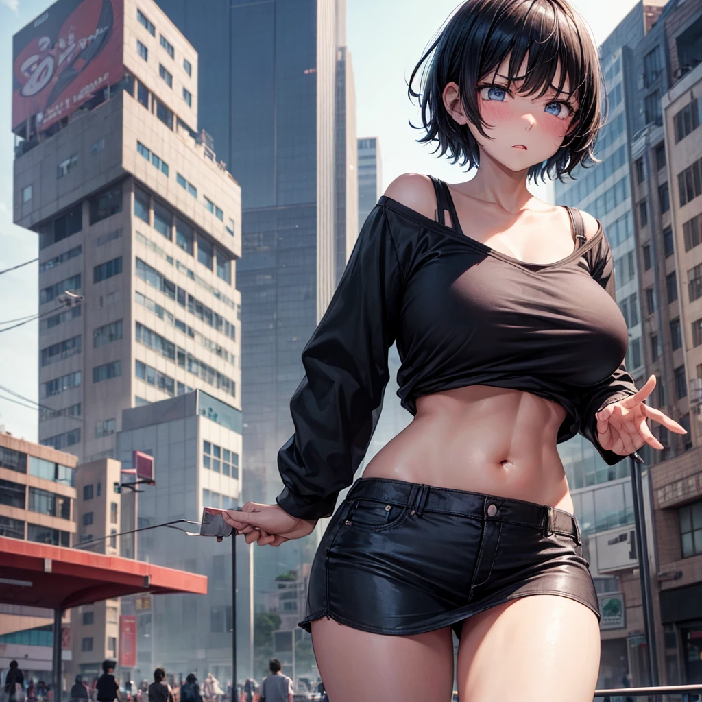 A Giant girl with black short hair holding uper belly with sick expression suffer from stomach ache almost puke in the little city