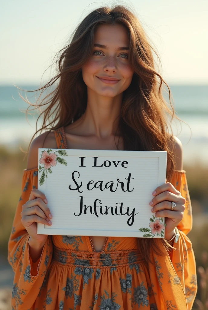 Beautiful girl with wavy long hair, bohemian dress, holding a white board with text "I Love Seaart Infinity" and showing it to the viewer