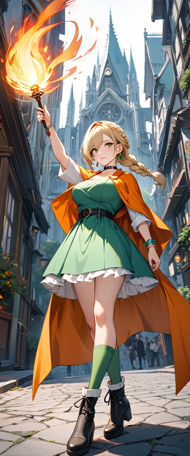 (8k, masterpiece, Highest quality, High resolution, Ultra-fine illustrations:1.2), (Beautiful attention to detail:1.2), One girl, alone, city, Outdoor, DQ Bianca, Single Blade, Earrings, choker, Orange Cape, Green Dress, belt, bracelet, Black boots, Green High Socks, Large Breasts, Contrasting , full body, braid, Waving a magic wand, Attacking with fire magic