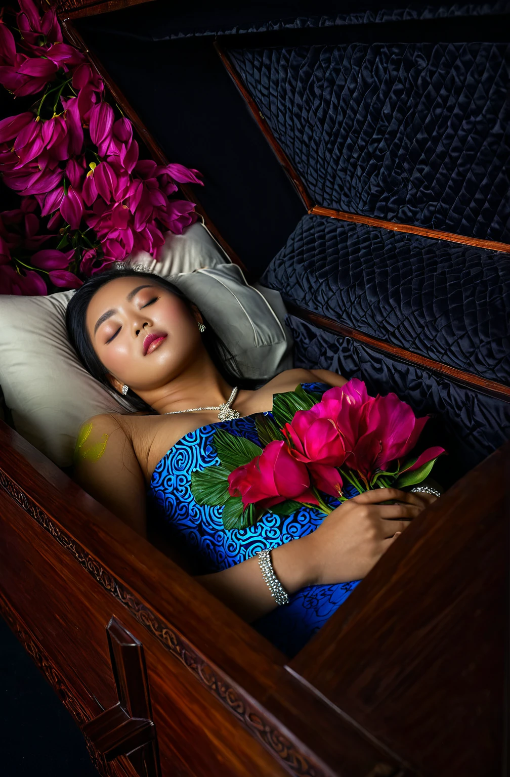 In a striking 8K HDR scene, a stunning Korean woman, 22 years old, lies peacefully in a coffin and coffin cover surrounded by plush pillows behind head. The deep box is set against a rich black background, accentuating the beauty of the subject. Her exquisite deep-V neckline kebaya attire is embroidered with superb detail, showcasing her round and firm breasts, perfect cleavage, and beautiful eyebrows. Her closed eyes and mouth give an air of serenity, while her visible and absolute cleavage leave nothing to imagination. The scene is bathed in saturated colors, highlighting every intricate aspect from the ball skirt to her clean face, straight body, detailed hand perfect hands, straight body, own hands together, own hand on stomach, detailed hands, perfect hands, holding the flowers, wearing high heels