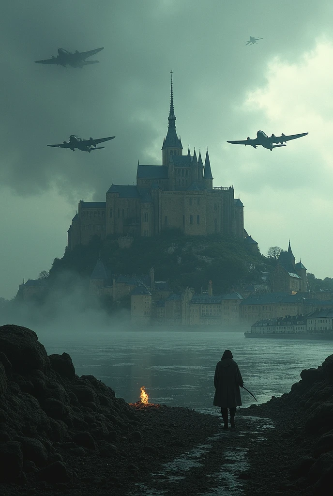 Mont Saint Michel destroyed, bomber planes pass above