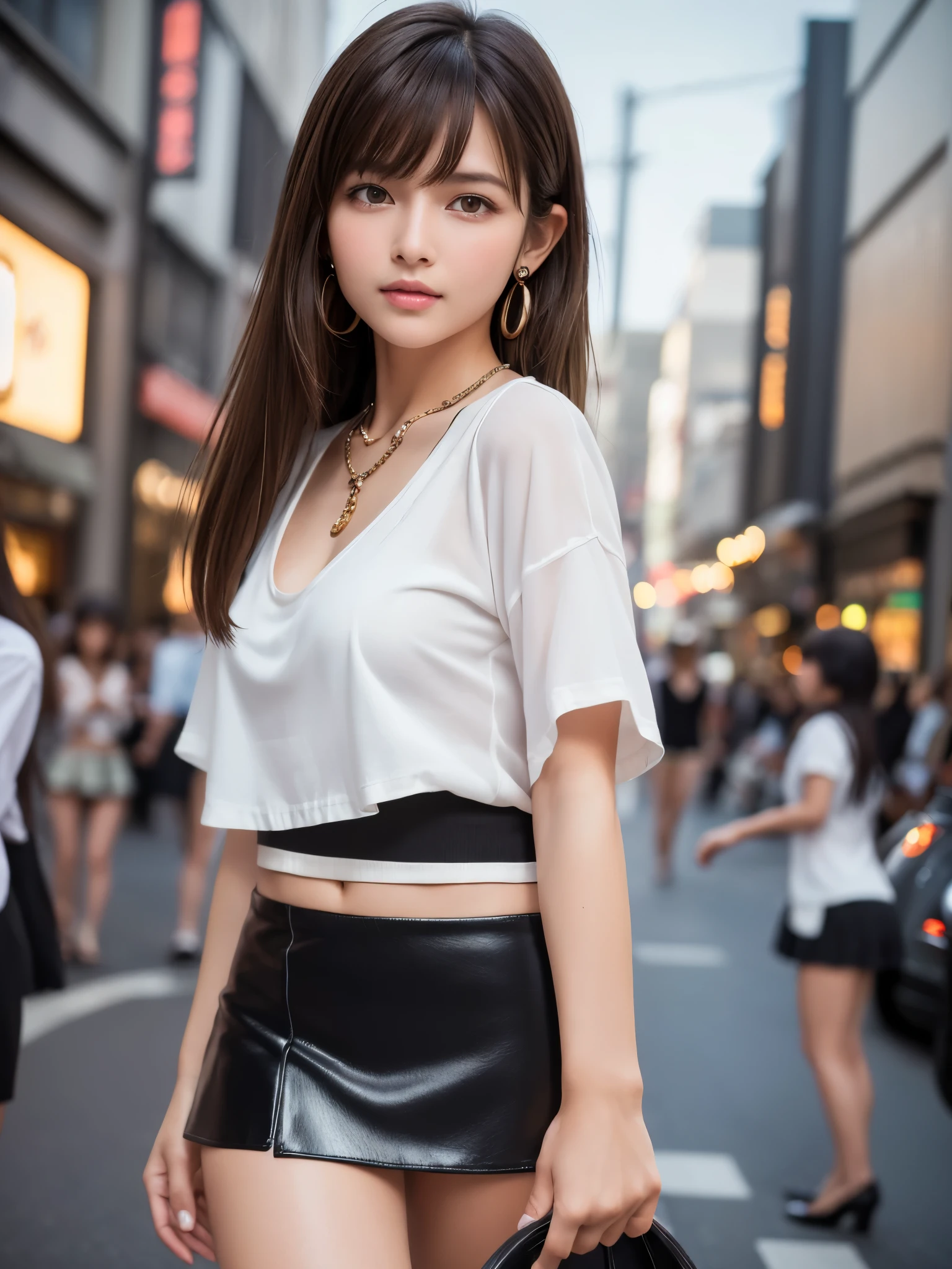 Product quality,1 girl,Cowboy Shot,Front view,Young and sexy Japanese girls,20-year-old,In town(Crowded street:1.4),Fashionable white shirt,wear,Fashionable bags,Fashionable necklaces,Fashionable earrings,((Black Very Short Micro Mini Skirt:1.5)),wear,Super cute face,Glossy Lips,Double eyelids on both eyes,(Natural Makeup),shiny smooth light brown hair with long hair,,Asymmetrical bangs,Center image,8k resolution,Attention to detail,Detailed hairstyle,Detailed face,Cinema Lighting,Octane Rendering,Ultra-realistic,Perfect limbs,(Detailed fingers:1.5),Beautiful feet,Voluptuous thighs,Huge breasts,Perfect Anatomy,(Model pose:1.3)