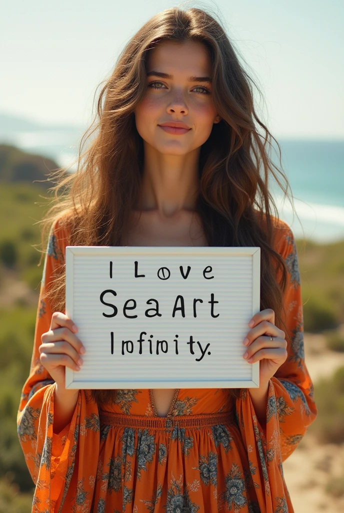 Beautiful girl with wavy long hair, bohemian dress, holding a white board with text "I Love Seaart Infinity" and showing it to the viewer