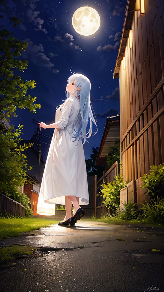 8k octane, Night Park、ベンチに座るOne girl,Scene looking up at the full moon。Surrounding trees々is enveloped in a pale light、Moonlight filtering through the leaves。There was a street lamp lit up a little distance away near the bench.、Emphasizes a calm and quiet evening atmosphere。 One girl, Long Hair, Back view, Wide-angle shot,