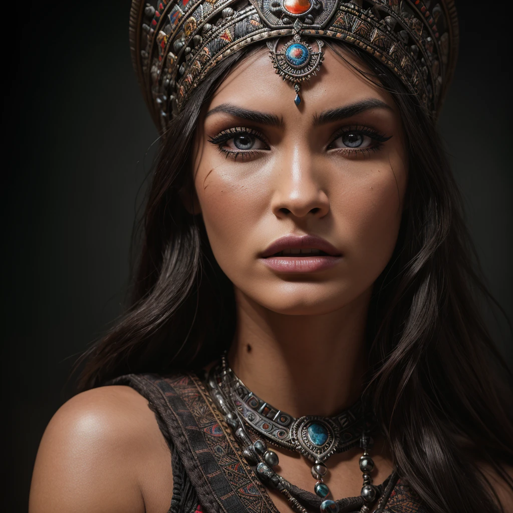 beautiful detailed eyes, beautiful detailed lips, extremely detailed eyes and face, long eyelashes, 1girl, woman, powerfull and beautiful aztec witch, aztec witch, high Photorealistic megan fox, hyper realistic, 8k, masterpiece, ultra-detailed, photorealistic, professional, studio lighting, intricate details, vivid colors, dramatic lighting, volumetric lighting, cinematic, in defense pose, angry expression, aztec mythology, dramatic shadows, dramatic highlights, depth of field, middle body
