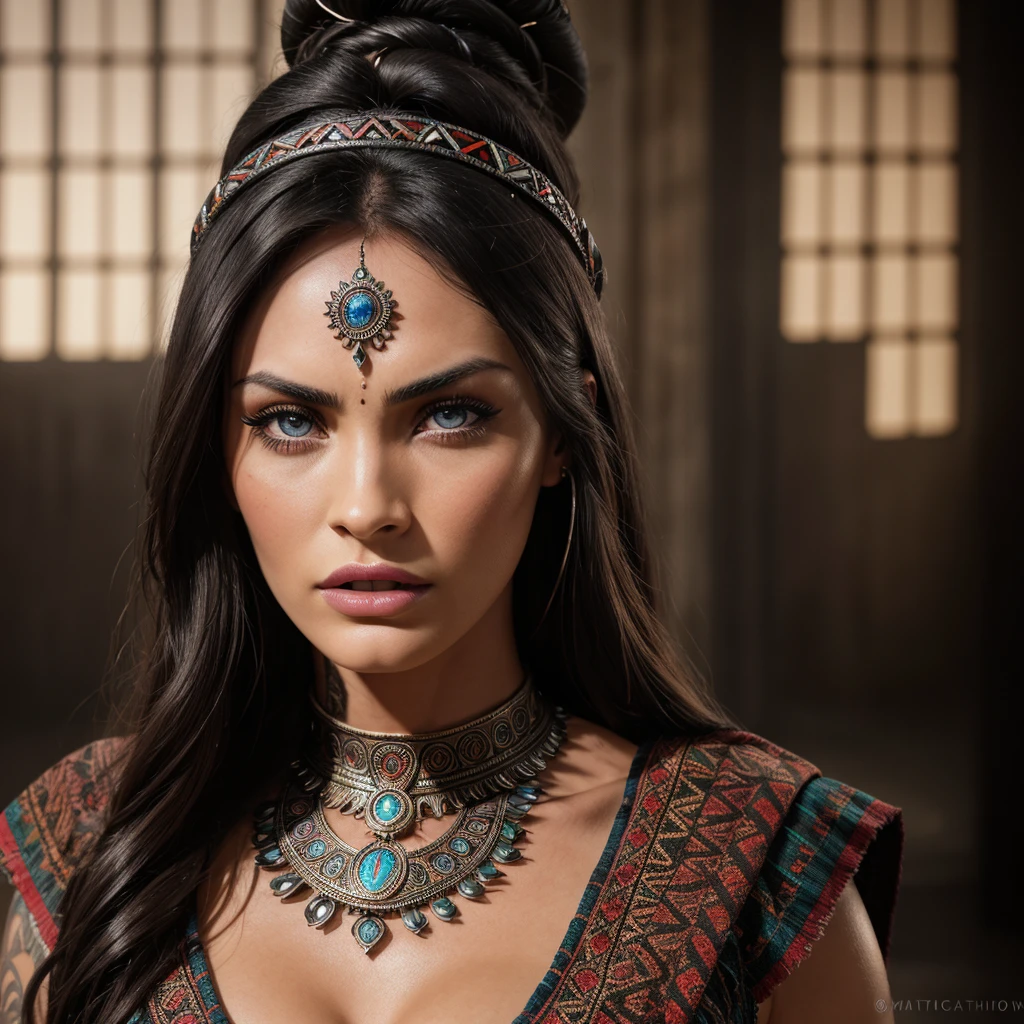 beautiful detailed eyes, beautiful detailed lips, extremely detailed eyes and face, long eyelashes, 1girl, woman, powerfull and beautiful aztec witch, aztec witch, high Photorealistic megan fox, hyper realistic, 8k, masterpiece, ultra-detailed, photorealistic, professional, studio lighting, intricate details, vivid colors, dramatic lighting, volumetric lighting, cinematic, in defense pose, angry expression, aztec mythology, dramatic shadows, dramatic highlights, depth of field, middle body
