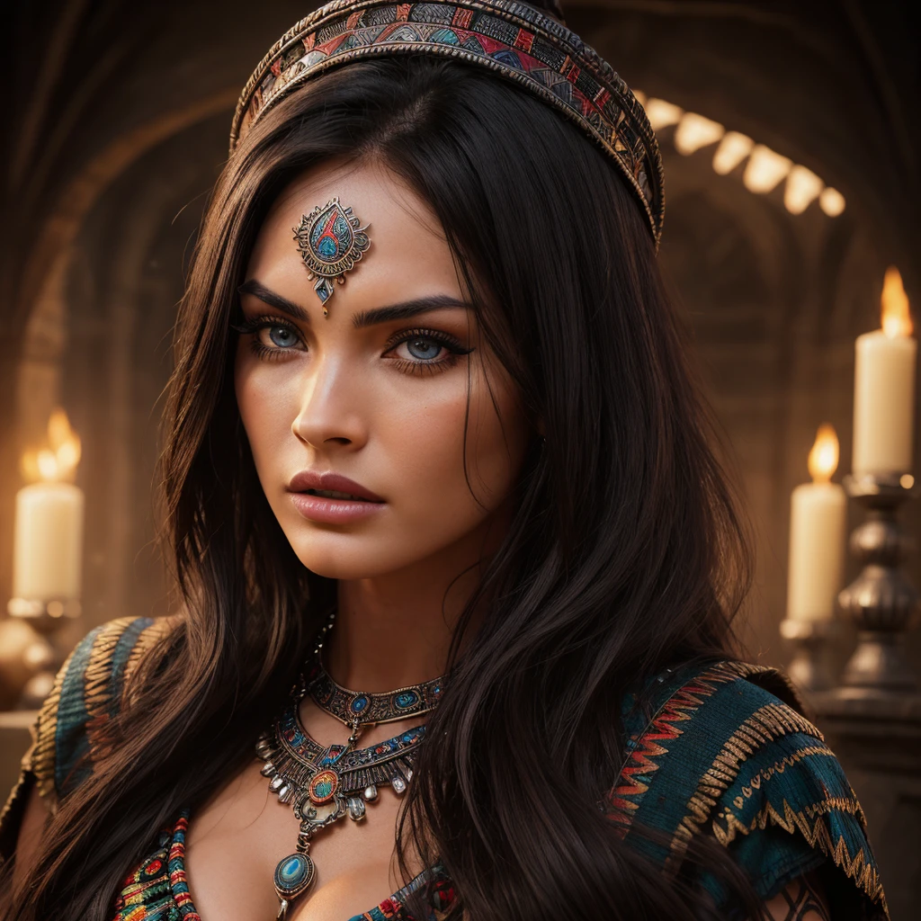 beautiful detailed eyes, beautiful detailed lips, extremely detailed eyes and face, long eyelashes, 1girl, woman, powerfull and beautiful aztec witch, aztec witch, high Photorealistic megan fox, hyper realistic, 8k, masterpiece, ultra-detailed, photorealistic, professional, studio lighting, intricate details, vivid colors, dramatic lighting, volumetric lighting, cinematic, in defense pose, angry expression, aztec mythology, dramatic shadows, dramatic highlights, depth of field, middle body