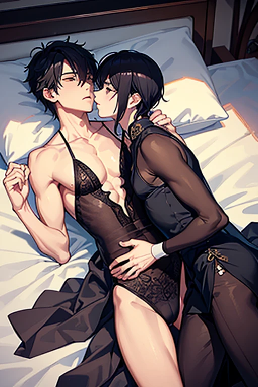 (Situation)Two men, mutual love, lovey-dovey, young men, BL, homosexual, lying on a bed, looking at each other and kissing, dark room at night, Chinese style
(Common appearance) A man dressed as a woman, a slender man, a man in Chinese-style sexy lingerie with see-through fabric, a man in a Chinese dress with see-through fabric, women's clothing, elbow-length gloves with see-through fabric, see-through socks, nipples showing through thin fabric, pectoral muscles, bulging crotch, penis visible, erect penis
(1st person) A boy around 16 years old, black hair, purple eyes, ecstatic expression, shyness, feeling good, chest muscles, rubbing chest
(Second Person) A man in his 20s with silver hair and green eyes, an ecstatic expression, embarrassed, and feeling good. He is lying on the bed with his legs spread and rubbing his crotch.