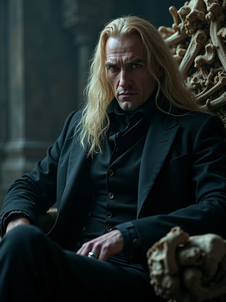 ((masterpiece, 8K, best quality, high resolution:1.3)), (a vampire sitting on his throne made of human bones in a dark castle:1.2), (editorial style photo:1.2), (his eyes are red and his skin is very pale:1.2), (his hair is long and blonde:1.2), (he is very strong:1.2), (his clothes are in Victorian style:1.2), (focus on his face:1.2), (Canon EOS 5DS R camera, perfect for capturing the intricate details of the scene:1.2), (paired with the Canon EF 85mm f/1.2L II USM lens:1.2), (the scene is illuminated with dramatic, low-key lighting:1.2), (his intense and piercing gaze showcasing his power:1.2), (a moment frozen in time, capturing his dark allure and the gothic atmosphere:1.3), (ultra photorealistic, highlighting his striking features and the eerie castle setting:1.3), (an image that transports viewers to a haunting and captivating moment:1.2), (a scene that exemplifies the mystique and danger of the vampire:1.2), Cinematic, Hyper-detailed, insane details, Beautifully color graded, Cinematic Lightning, Insanely detailed and intricate, Hyper maximalist, Volumetric, Full color, HDR, shallow depth of field, high budget Hollywood film, cinemascope, moody, epic, gorgeous