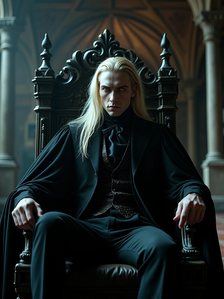 ((masterpiece, 8K, best quality, high resolution:1.3)), (a vampire sitting on his throne made of human bones in a dark castle:1.2), (editorial style photo:1.2), (his eyes are red and his skin is very pale:1.2), (his hair is long and blonde:1.2), (he is very strong:1.2), (his clothes are in Victorian style:1.2), (focus on his face:1.2), (Canon EOS 5DS R camera, perfect for capturing the intricate details of the scene:1.2), (paired with the Canon EF 85mm f/1.2L II USM lens:1.2), (the scene is illuminated with dramatic, low-key lighting:1.2), (his intense and piercing gaze showcasing his power:1.2), (a moment frozen in time, capturing his dark allure and the gothic atmosphere:1.3), (ultra photorealistic, highlighting his striking features and the eerie castle setting:1.3), (an image that transports viewers to a haunting and captivating moment:1.2), (a scene that exemplifies the mystique and danger of the vampire:1.2), Cinematic, Hyper-detailed, insane details, Beautifully color graded, Cinematic Lightning, Insanely detailed and intricate, Hyper maximalist, Volumetric, Full color, HDR, shallow depth of field, high budget Hollywood film, cinemascope, moody, epic, gorgeous