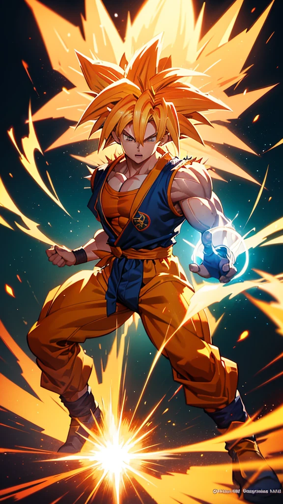 a super saiyan goku, muscular male character, spiky golden hair, glowing aura, intense expression, dynamic pose, 3D render, hyper detailed, cinematic lighting, dramatic shadows, vibrant colors, epic fantasy art, digital painting