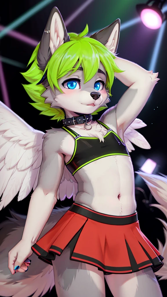 femboy, wolf boy, male, matching crop top and mini skirt, flat chested, tight collar, grey fur, white feathered wings, blue eyes, rave background,