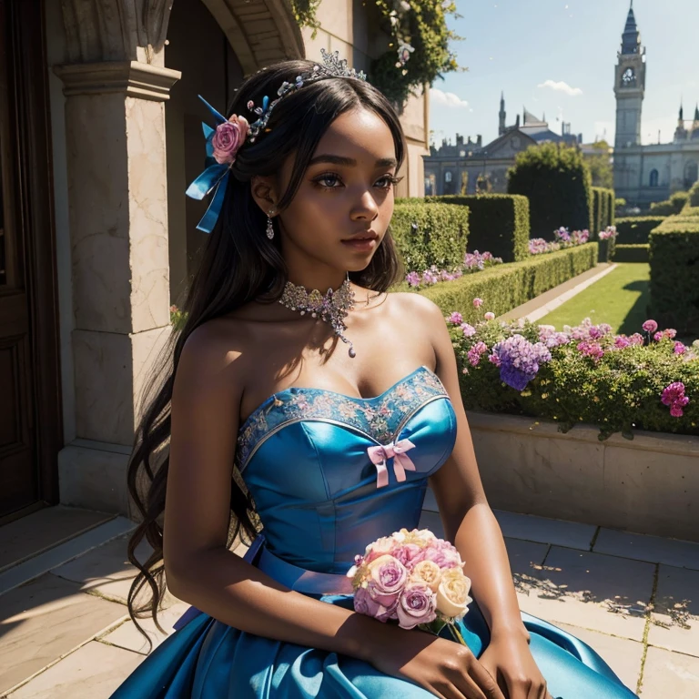 (masterpiece, best quality:1.5), highest quality, High resolution, super detailed, Realists, Upper body photo of a black flower girl, black skin, detailed and beautiful eyes, beautiful detailed lips, very detailed eyes and face, longeyelashes, Young girl in a short dress made of shiny satin fabric, Beautiful and colorful makeup, elegant and noble々Pose,shiny satin headband, grind, Holding flowers, Gardens as background, soft daylight, bright colors, fine brushstrokes, Portrait style, Noble details in the dress fabric, beautiful color palette, glowing skin, First-class rendering, that captures every detail, enchanting atmosphere, subtle shadows and lights, (perfect anatomy:1.2), (The two stunning flower girls in blue and pink dresses held a long silver flower stick with a bow. Exchange glances. (magnificent panorama view:1.2)