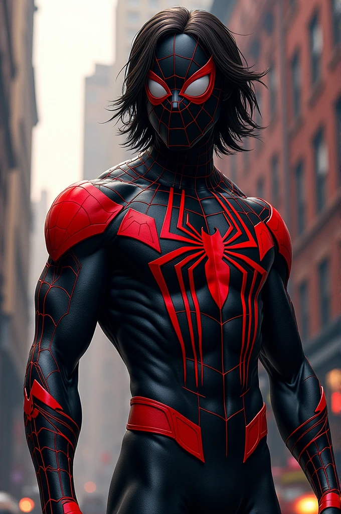 Male spiderman with a mostly black costume with red details. He wear a spiderman mask covering his whole face in true spiderman fashion. He has medium-long hair growing from his mask. In the artstyle of a marvel comic.