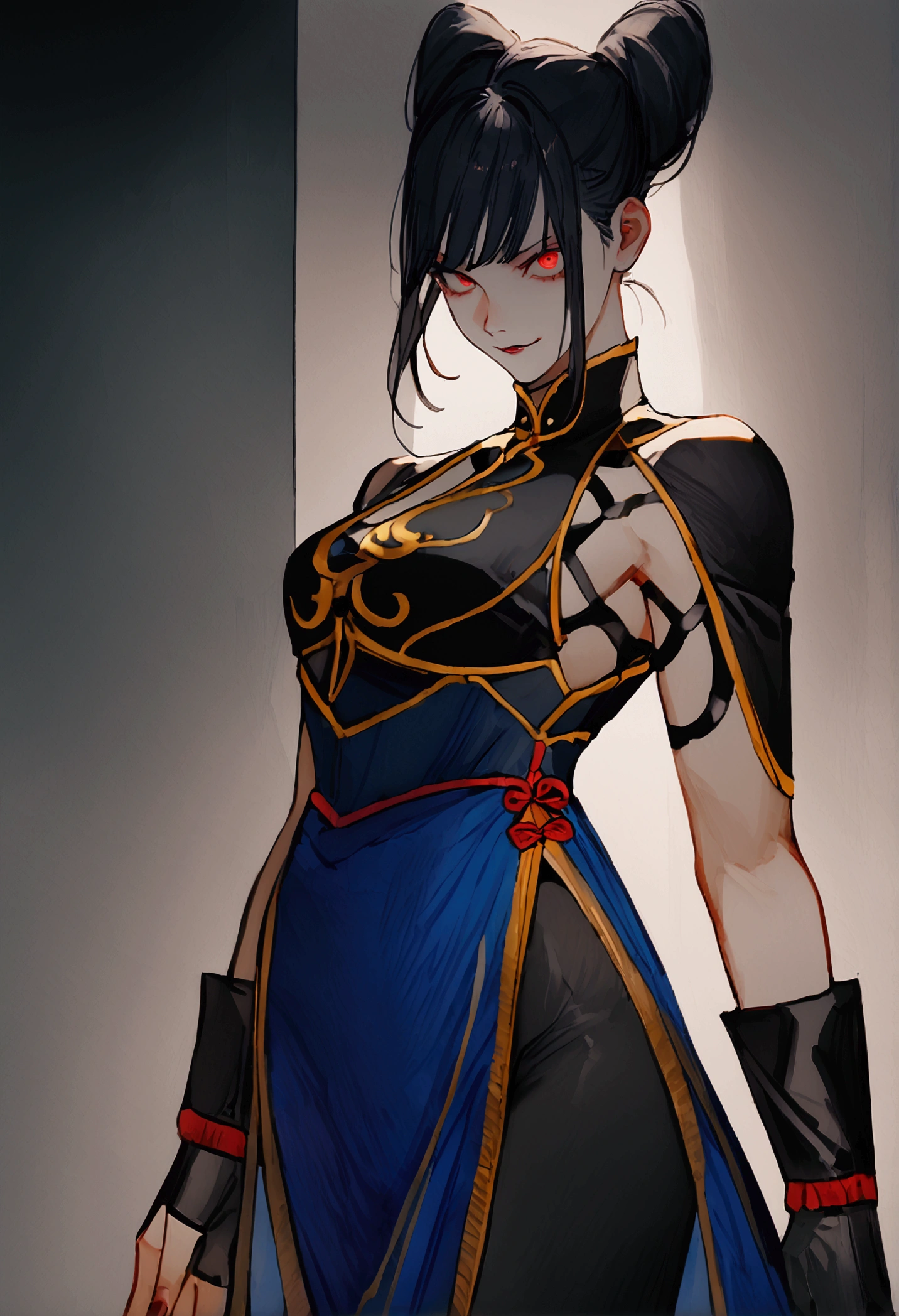 standing alone, work of art, best qualityer, agrias, black costume, collant preto, standing, looking ahead at viewer, shorth hair,Evil smile, evil gaze, Chun-Li,black gloves,blue outfit,yandere face,poor lighting,beautiful eyes,detailed eyes orange lighting,Eyes red