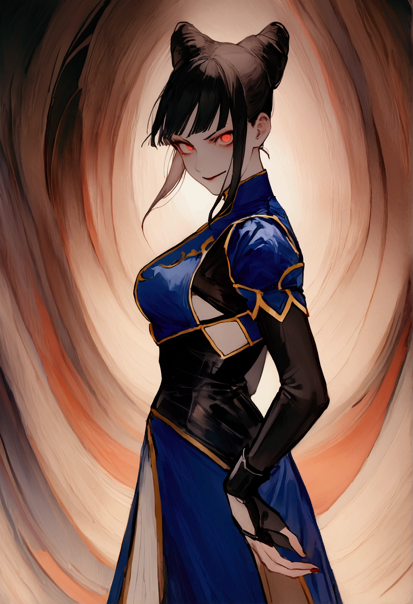 standing alone, work of art, best qualityer, agrias, black costume, collant preto, standing, looking ahead at viewer, shorth hair,Evil smile, evil gaze, Chun-Li,black gloves,blue outfit,yandere face,poor lighting,beautiful eyes,detailed eyes orange lighting,Eyes red