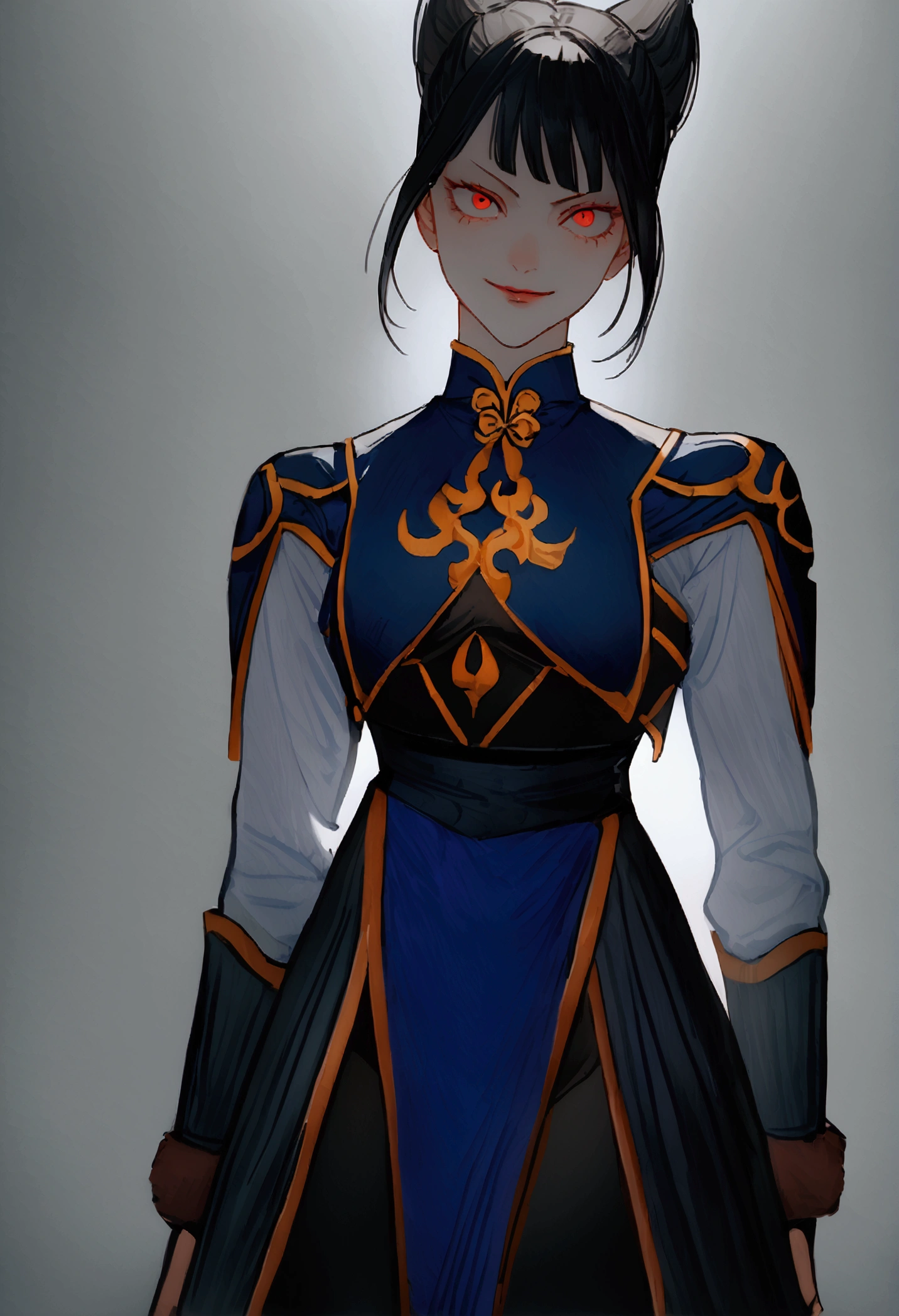 standing alone, work of art, best qualityer, agrias, black costume, collant preto, standing, looking ahead at viewer, shorth hair,Evil smile, evil gaze, Chun-Li,black gloves,blue outfit,yandere face,poor lighting,beautiful eyes,detailed eyes orange lighting,Eyes red

