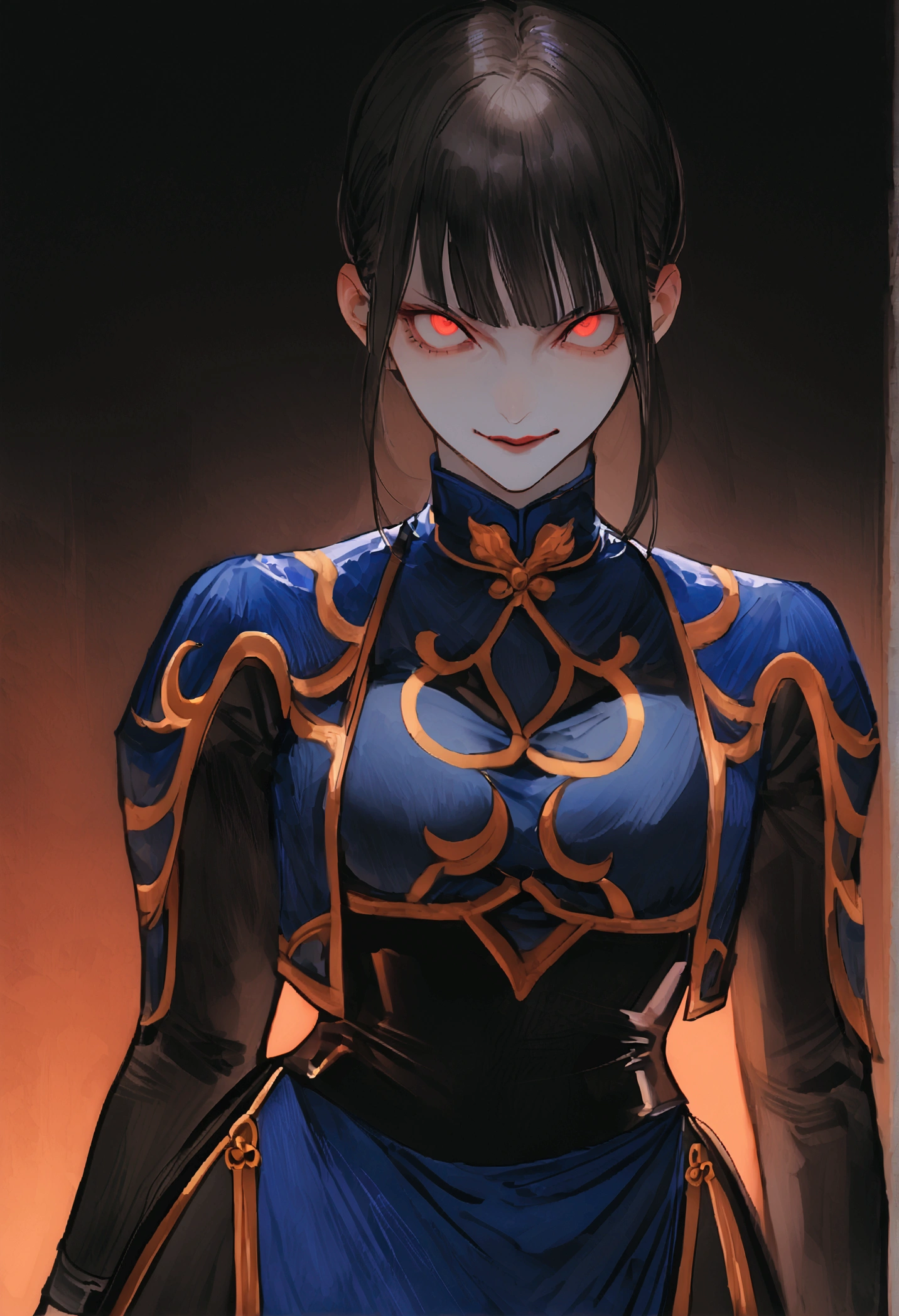 standing alone, work of art, best qualityer, agrias, black costume, collant preto, standing, looking ahead at viewer, shorth hair,Evil smile, evil gaze, Chun-Li,black gloves,blue outfit,yandere face,poor lighting,beautiful eyes,detailed eyes orange lighting,Eyes red
