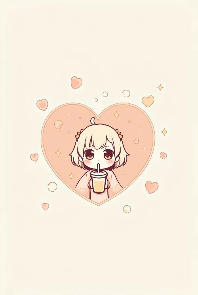 A circle-shaped heart with a soft color palette.
A chibi-style girl with big, round eyes, sipping a milk tea with a cute straw.
Add playful elements like bubbles or stars around the logo.