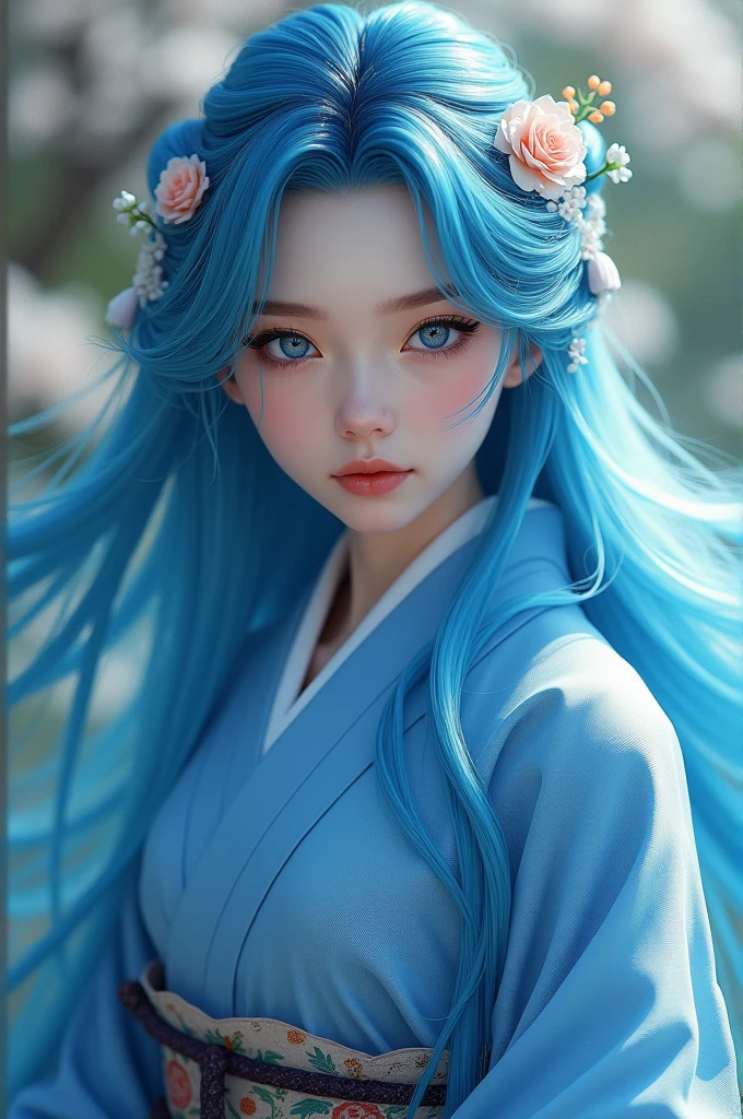 Real person, blue eye, blue hair, blue kimono, adult woman
