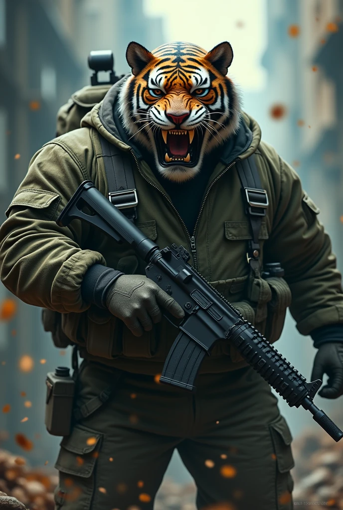 (a dark-skinned fat muscular old man in a bulky army camouflage zipper diver suit) carrying a gun, (wearing realistic roaring tiger mask), dynamic action pose, fierce expression, showcasing an imposing stature, surrounded by military elements, dramatic shadows and intense highlights, cinematic color tones, high detail, powerful, art influenced by Bruce Onobrakpeya and Stanley Artgerm, ultra-detailed, best quality image, action-packed atmosphere. fighting stance