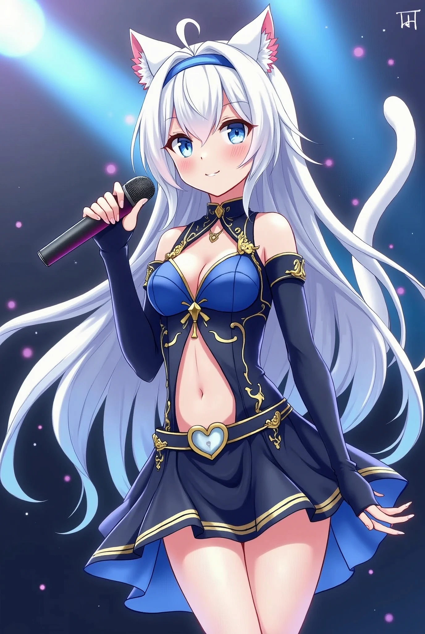 a drawing of a magical girl with anime aesthetics who is an idol with long white hair and cat ears and tail, wearing a short skirt and a modern top with her belly exposed and showing some skin, with a microphone in his hand singing, The dress is very striking and colorful in blue and black tones, with white ears and tail, and the hair has soft light blue highlights, On her neck she has a necklace with a silver heart-shaped plate, In the background there are lights and sparkles as if I were at a concert