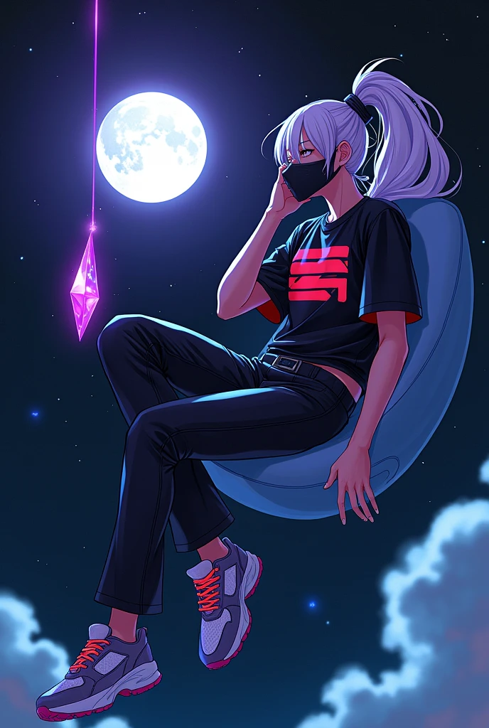 

"Create an anime-style illustration of a futuristic, athletic character floating in space. The character has a sleek, cyberpunk design with a high ponytail, wearing a black shirt with a red emblem and futuristic sneakers with intricate patterns. The background features a large, bright moon and a glowing purple gemstone floating nearby. The scene is set against a dark, starry sky with hints of blue clouds, creating a sense of otherworldly ambiance. The character is in a relaxed, reclining position with one leg bent, appearing calm and focused," and with gamer vibe with mask

--