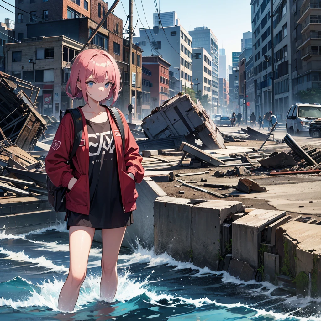 Girl on the coast, with a backpack on his back,background of a destroyed city.