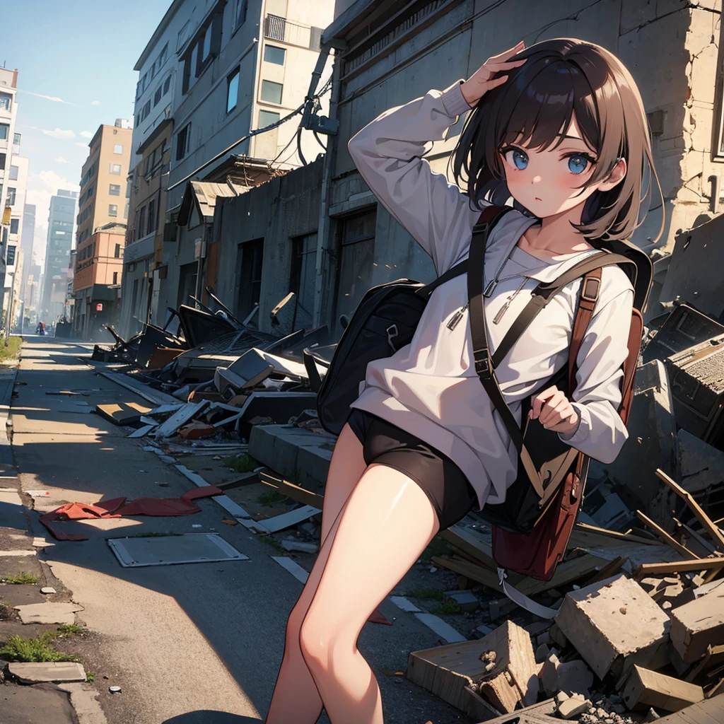 Girl on the coast, with a backpack on his back,background of a destroyed city.