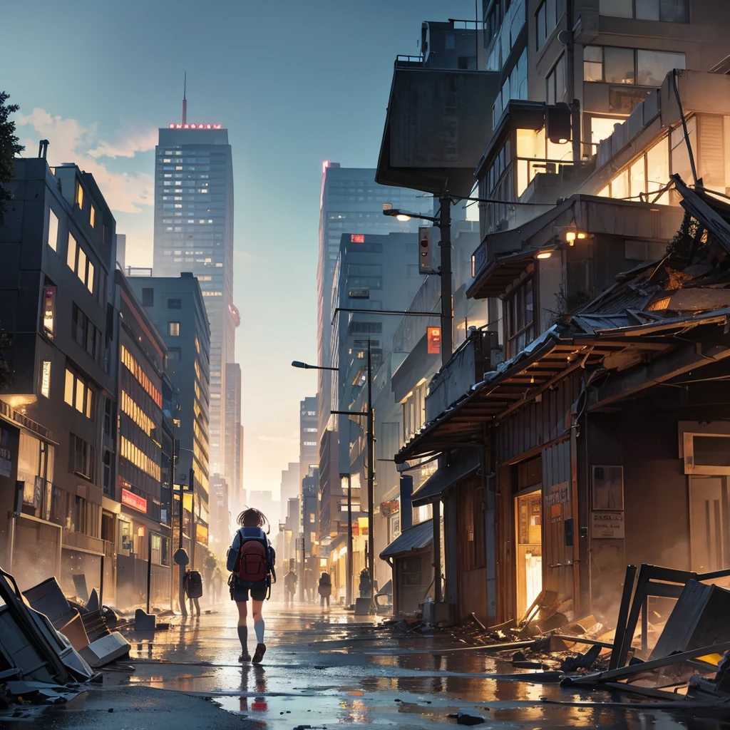 Girl on the coast, with a backpack on his back,background of a destroyed city.