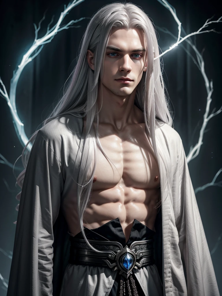 (best quality), 1boy, Male, 28 years old, pale skin, silver hair, very long hair, grey eyes, perfect eyes, necromancer, magical robe, mysterious, handsome, perfect face, smug expression, dark fantasy, (masterpiece), anatomically correct, highres
