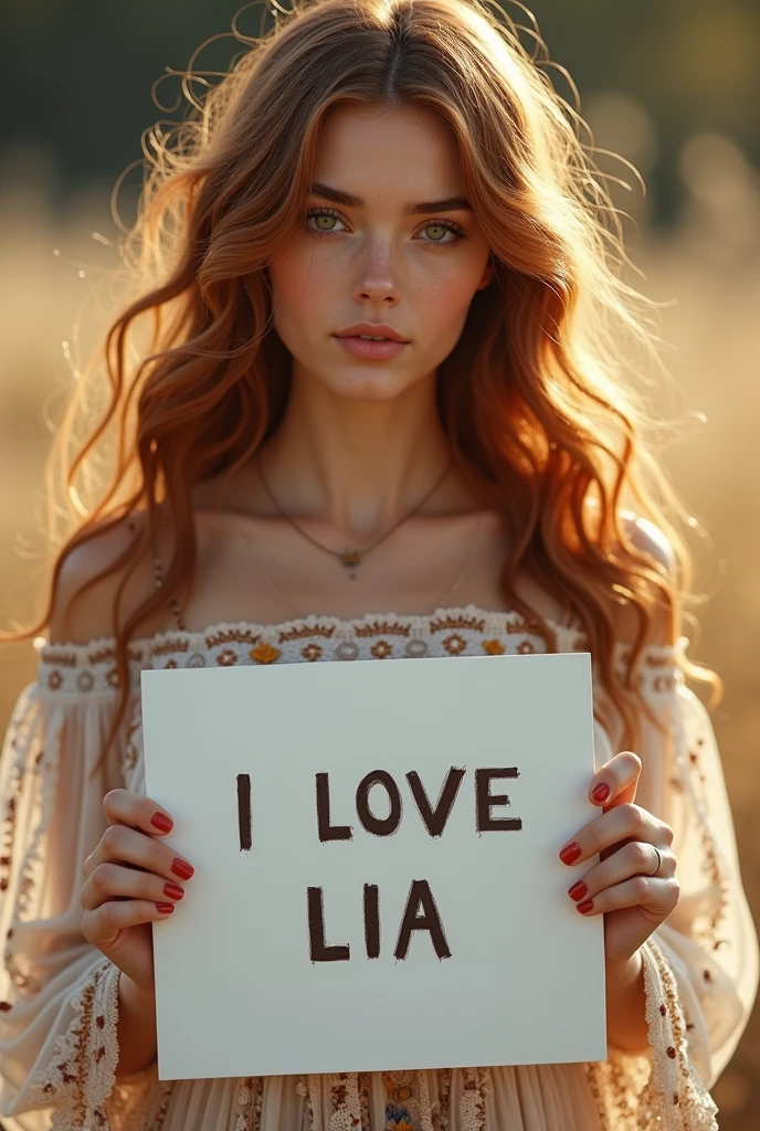 Beautiful girl with wavy long hair, bohemian dress, holding a white board with text "I LOVE LIA" and showing it to the viewer