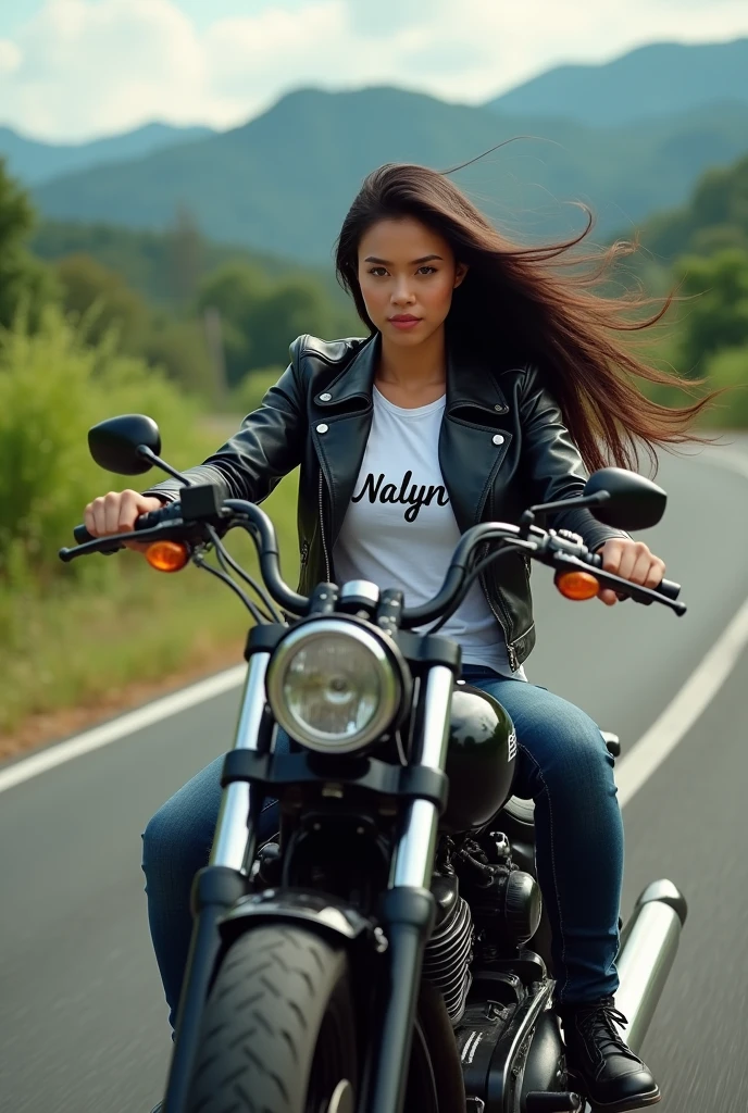 Real Pinay women beautiful with jacket leather black T -shirt white printed name "nalyn" riding motor bike in road