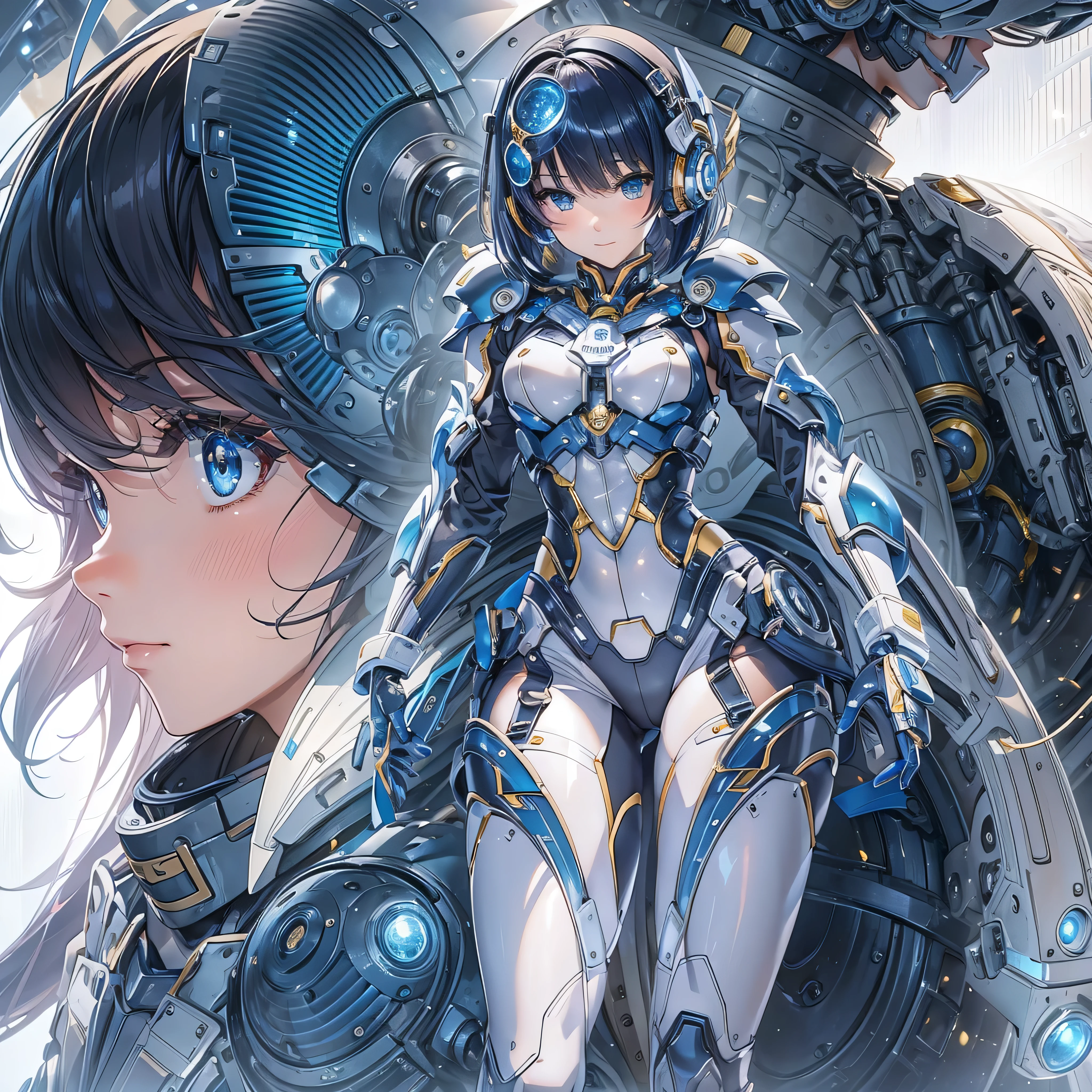 (masterpiece、Highest quality、Highest Resolution、Clear_image、Detailed details、Angle from above): (Whole body、One 20 year old girl、Japanese Faces、Small Face、Slender、Navy blue super short bob cut hair、(Hidden small breasts:1.3)、Sparkling blue eyes、Shiny pilot suit in blue and black colors、Chest protection armor、Tight fitting clothes、Clothing that covers the whole body、Glamorous clothes、Tight Fit Pants、Hide your skin、Very delicate and beautiful、Detailed Skin、hide thighs、Hide your ass、Cute、A gentle smile、Soft expression、heroine、headset、Knee-high boots、Elbow-length gloves、Eye Level Shot、Face directly、Woman on a spaceship)