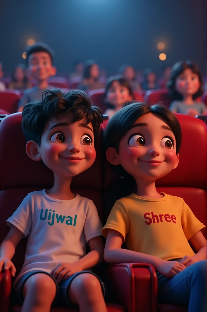 One boy and one girls in the cinema hall sit on the chair and wearing t shirt printed on boy t shirt ujjwal and print on girl t shirt shree