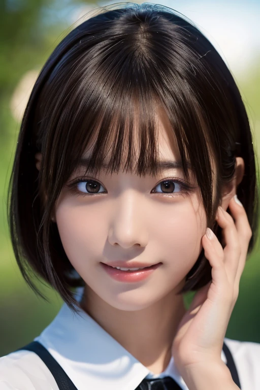 ((masterpiece, Highest quality, High resolution)), 1 Japanese girl, (Realistic: 1.4), Great face, smile、************, Glossy lips、short hair, (Beautiful Hair:1.5),Complete Hand、Beautiful hands、Maid clothes、See through、School classroom, Side angle, Highly detailed CG composite 8K wallpaper, High resolutionのRAWカラー写真, Professional photography, Light, BackLight, dream-like, impressive, Written boundary depth, (Face close-up:1.5)