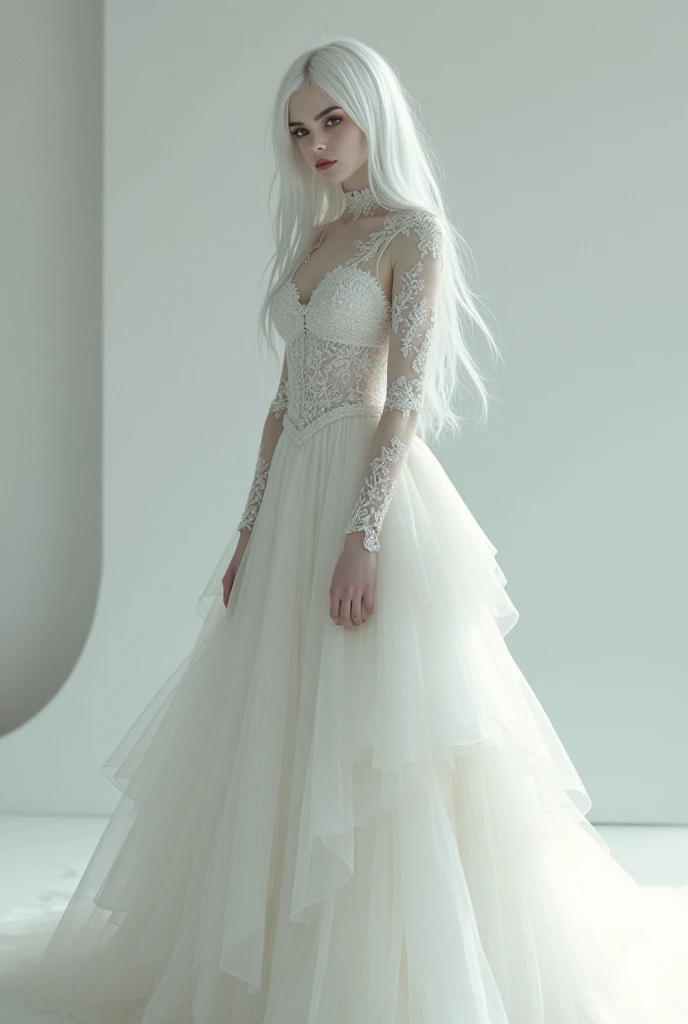 Androgynous girl with white hair and red eyes in a white wedding dress