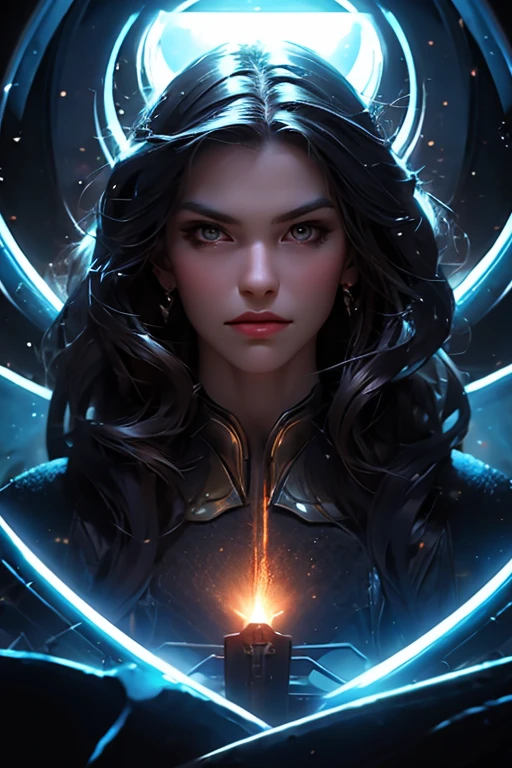 Photo, portrait, intimidating woman floating [Discovery of wormhole leads to new worlds.|A cursed prince must marry a monster], [Science fiction:fancy:0.6] cinematic lighting