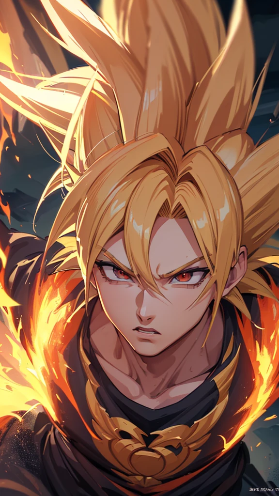 Ultra Supersayajin, diamond yellow colored hair and red eyes with black outlines painted around the eyes, white clothing with dragon tatoon print, screaming open mouth, fighting with the yellow-haired supersayajin, lots of fury against enemy, scenery in heaven and earth destroying everything