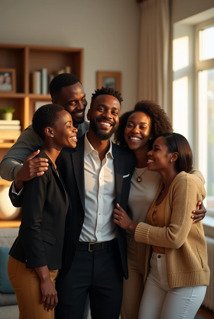A photorealistic scene capturing the moment of triumph and camaraderie. A young African legal professional, elegantly dressed in a black suit, beams with joy as he shares news of passing the Bar exam with parents and siblings, who share in the excitement. The family should be dressed down and siblings of varied ages. The setting is a bright, modern living room with a feel of home and comfort.