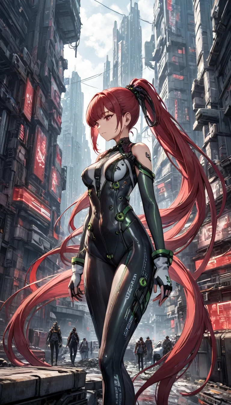 Eve with very long hair with a red ponytail in a tight-fitting suit with red technological decorations in a dystopian city