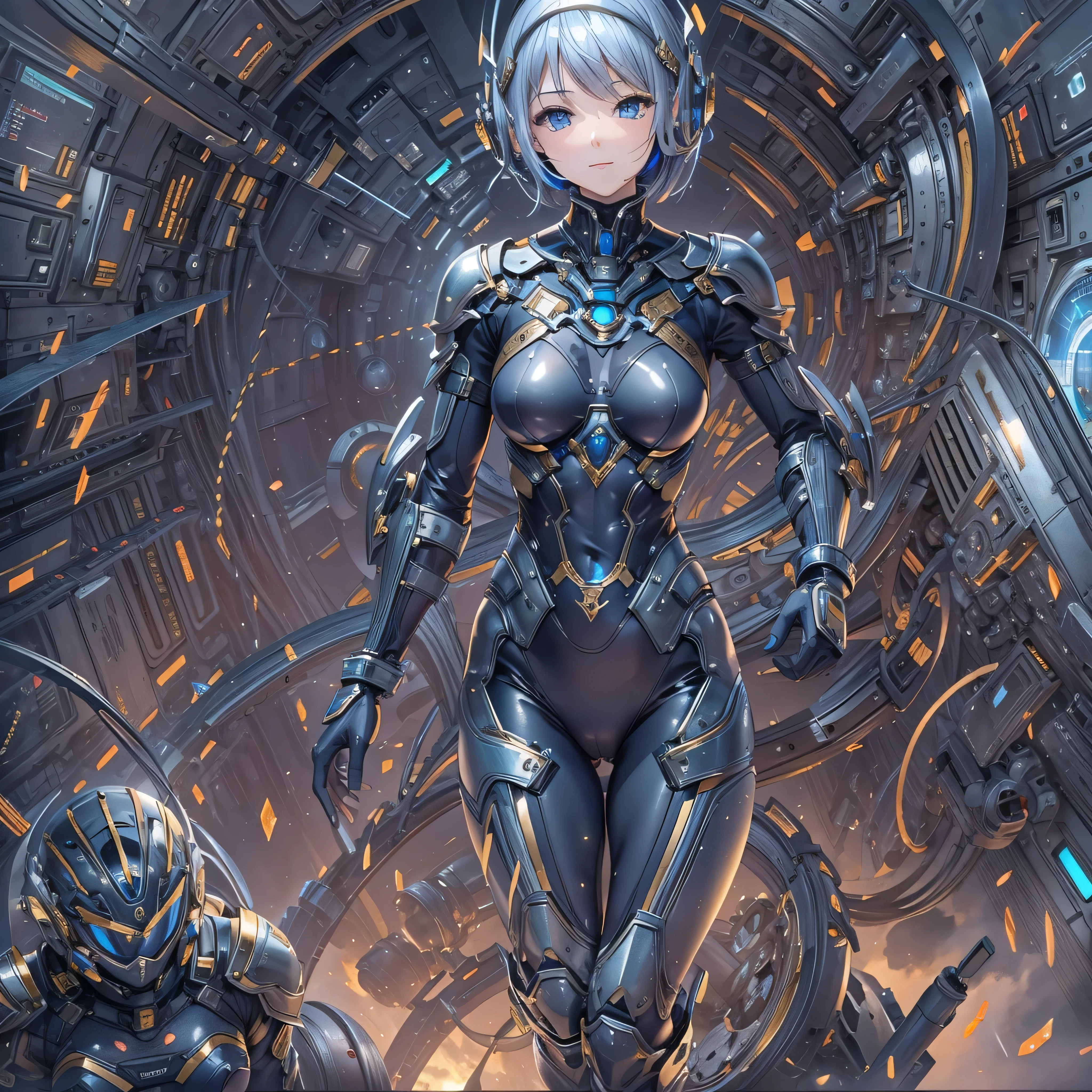 (masterpiece、Highest quality、Highest Resolution、Clear_image、Detailed details、Angle from above): (Whole body、One 20 year old girl、Japanese Faces、Small Face、Slender、Navy blue super short bob cut hair、(Hidden small breasts:1.3)、Sparkling blue eyes、Shiny pilot suit in blue and black colors、Chest protection armor、Tight fitting clothes、Clothing that covers the whole body、Glamorous clothes、Tight Fit Pants、Hide your skin、Very delicate and beautiful、Detailed Skin、hide thighs、Hide your ass、Cute、A gentle smile、Soft expression、heroine、headset、Knee-high boots、Elbow-length gloves、Eye Level Shot、Face directly、Woman on a spaceship)