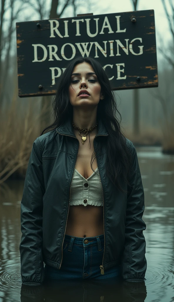 woman, zipped down jacket, information plank "RITUAL DROWNING PLACE", flared jeans, stuck in bog, ritual hairdress,makeup.collar only