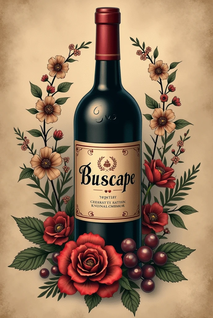 Tattoo of Buscape family name and a bottle of wine