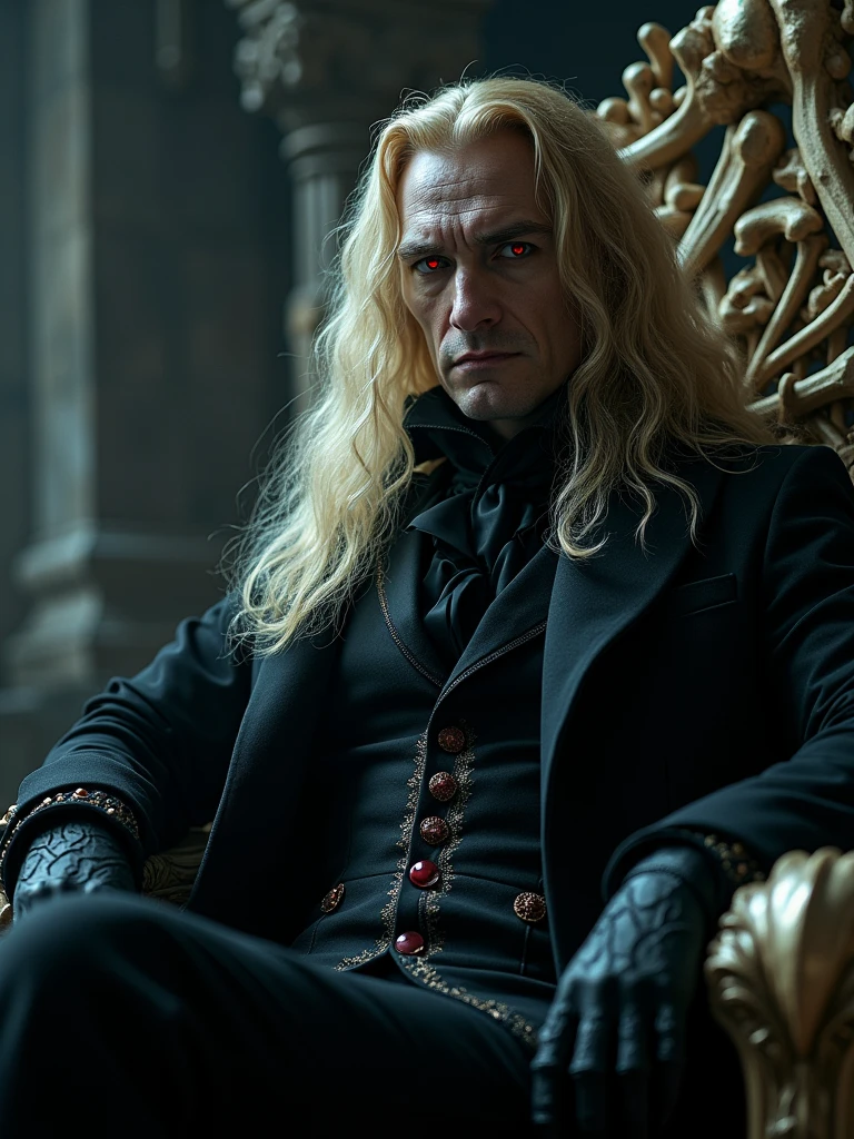 ((masterpiece, 8K, best quality, high resolution:1.3)), (a vampire sitting on his throne made of human bones in a dark castle:1.2), (editorial style photo:1.2), (his eyes are red and his skin is very pale:1.2), (his hair is long and blonde:1.2), (he is very strong:1.2), (his clothes are in Victorian style:1.2), (focus on his face:1.2), (Canon EOS 5DS R camera, perfect for capturing the intricate details of the scene:1.2), (paired with the Canon EF 85mm f/1.2L II USM lens:1.2), (the scene is illuminated with dramatic, low-key lighting:1.2), (his intense and piercing gaze showcasing his power:1.2), (a moment frozen in time, capturing his dark allure and the gothic atmosphere:1.3), (ultra photorealistic, highlighting his striking features and the eerie castle setting:1.3), (an image that transports viewers to a haunting and captivating moment:1.2), (a scene that exemplifies the mystique and danger of the vampire:1.2), Cinematic, Hyper-detailed, insane details, Beautifully color graded, Cinematic Lightning, Insanely detailed and intricate, Hyper maximalist, Volumetric, Full color, HDR, shallow depth of field, high budget Hollywood film, cinemascope, moody, epic, gorgeous
