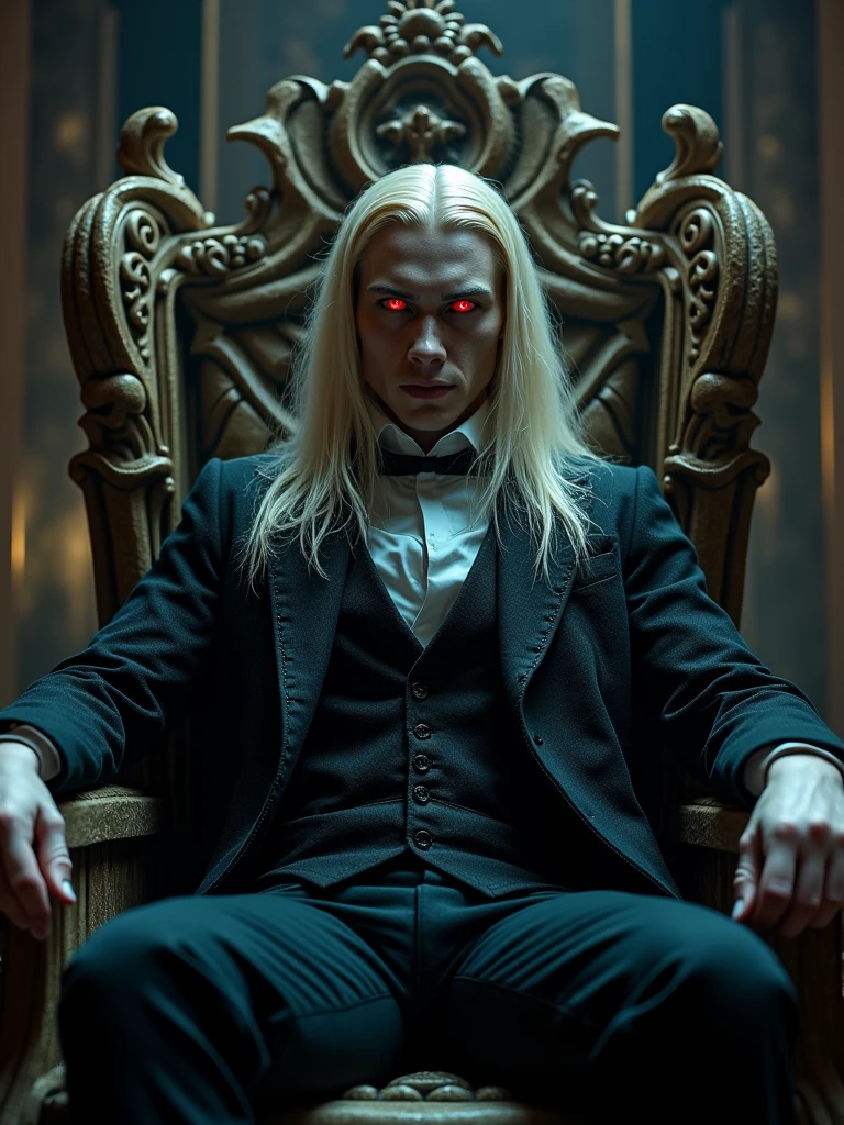((masterpiece, 8K, best quality, high resolution:1.3)), (a vampire sitting on his throne made of human bones in a dark castle:1.2), (editorial style photo:1.2), (his eyes are red and his skin is very pale:1.2), (his hair is long and blonde:1.2), (he is very strong:1.2), (his clothes are in Victorian style:1.2), (focus on his face:1.2), (Canon EOS 5DS R camera, perfect for capturing the intricate details of the scene:1.2), (paired with the Canon EF 85mm f/1.2L II USM lens:1.2), (the scene is illuminated with dramatic, low-key lighting:1.2), (his intense and piercing gaze showcasing his power:1.2), (a moment frozen in time, capturing his dark allure and the gothic atmosphere:1.3), (ultra photorealistic, highlighting his striking features and the eerie castle setting:1.3), (an image that transports viewers to a haunting and captivating moment:1.2), (a scene that exemplifies the mystique and danger of the vampire:1.2), Cinematic, Hyper-detailed, insane details, Beautifully color graded, Cinematic Lightning, Insanely detailed and intricate, Hyper maximalist, Volumetric, Full color, HDR, shallow depth of field, high budget Hollywood film, cinemascope, moody, epic, gorgeous