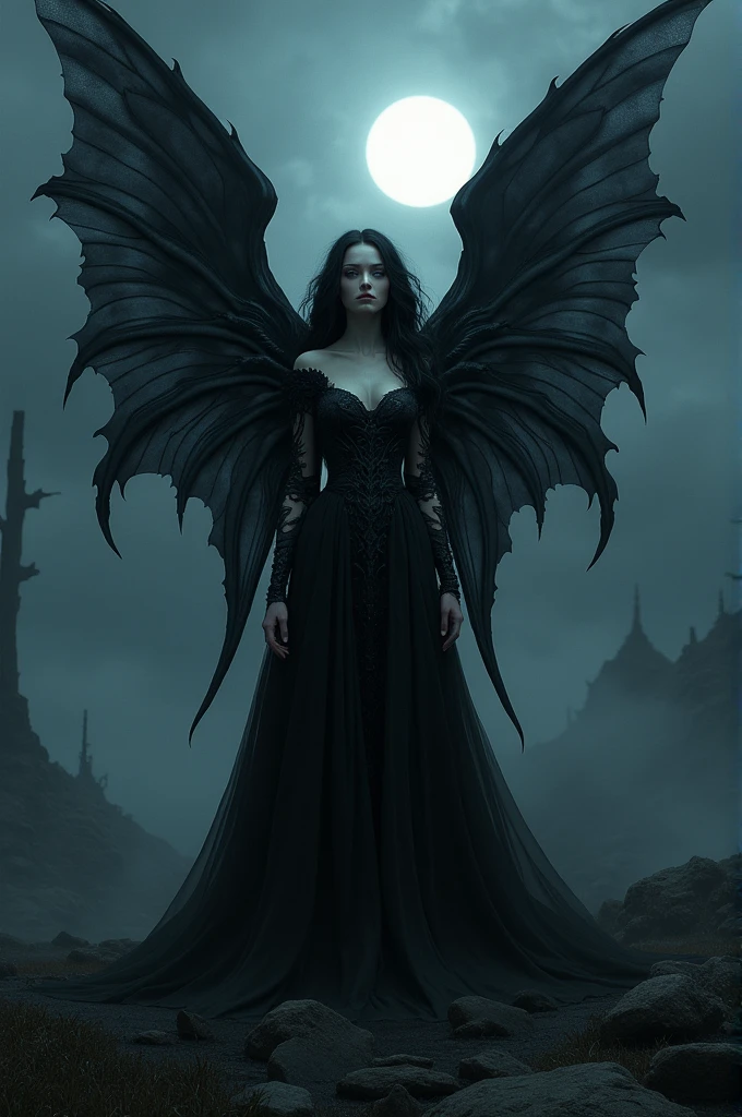 Black fairy, black land, black and big dress, black wings, black and very long hair, blue eyes, and sunsite black