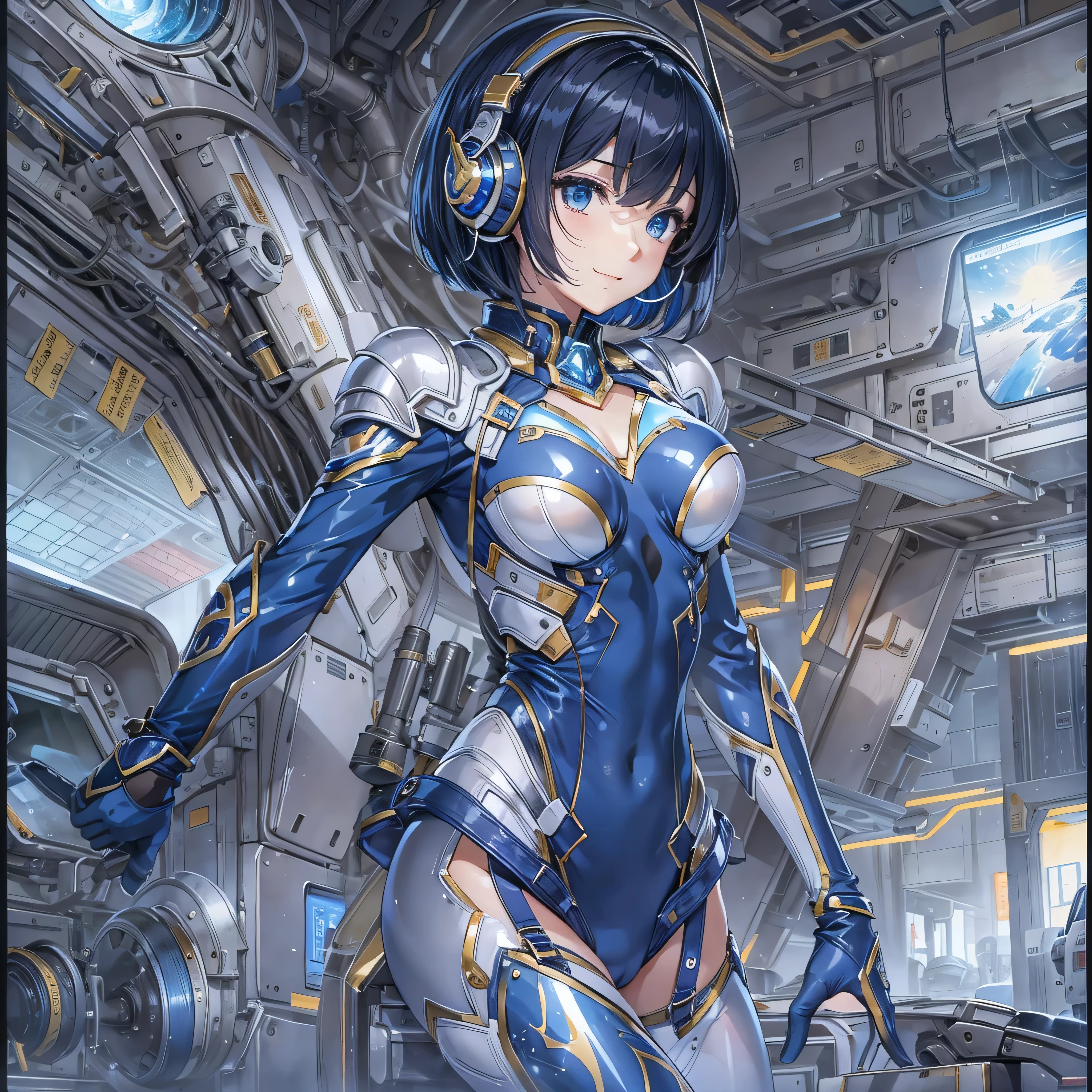 (masterpiece、Highest quality、Highest Resolution、Clear_image、Detailed details、Angle from above): (Whole body、One 20 year old girl、Japanese Faces、Small Face、Slender、Navy blue super short bob cut hair、(Hidden small breasts:1.3)、Sparkling blue eyes、Shiny pilot suit in blue and black colors、Chest protection armor、Tight fitting clothes、Clothing that covers the whole body、Glamorous clothes、Tight Fit Pants、Hide your skin、Very delicate and beautiful、Detailed Skin、hide thighs、Hide your ass、Cute、A gentle smile、Soft expression、heroine、headset、Knee-high boots、Elbow-length gloves、Eye Level Shot、Face directly、Woman on a spaceship)