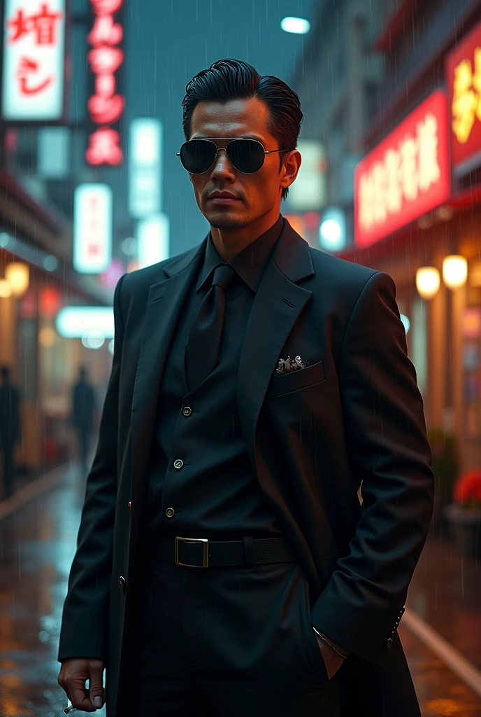 Draw a man wearing sunglasses and a suit、Hair slicked back。Smoking a cigarette in the rain。I'm 17。Make it look Japanese